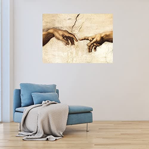 Feeby Impression sur Toile Intissee Reproduction Michel-Ange La création d'Adam 60x40 cm Tableau Moderne Tableau Photo Chambre à Coucher Chapelle Sixtine Mains Voûte beige