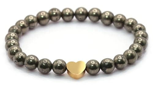 Bracelet en pyrite véritable pierre précieuse avec perles rondes de 6mm et cœur en acier inoxydable - différentes longueurs - bracelet en pierres précieuses porte-bonheur talisman cadeau