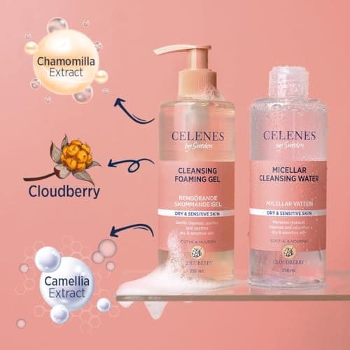 Celenes by Sweden Gel Nettoyant Visage à Plaquebière, Mousse Nettoyante Visage 250ml - Nettoyant Visage Apaiser-Nourrir, Demaquillage Visage Sans Parabèn-Alcool, Nettoyant Visage Peau Sensible & Sèche