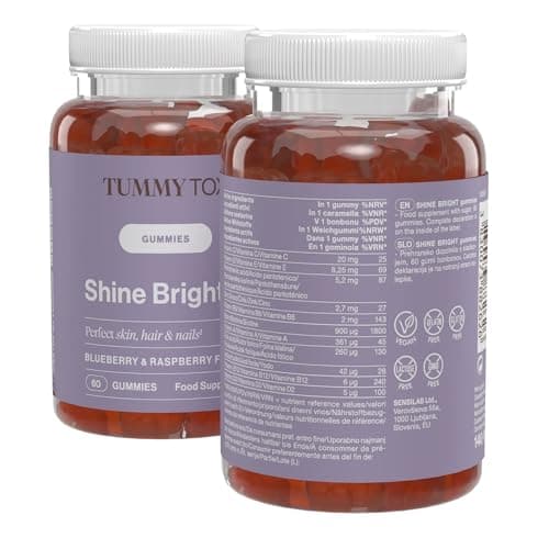 Shine Bright | Gummies Pousse Cheveux | Vitamines pour la peau, les cheveux et ongles | Biotin, Acide Folique, Vitamine B6, B12 | 120 Gummies | Tummy Tox