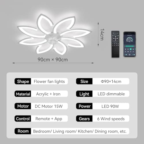 Lustre Ventilateur de Plafond, Ventilateur Plafond avec Lumiere Silencieux, Plafonnier Ventilateur Fleur Design Moderne, Dimmable, Fonction Mémoire, 6 Vitesses, Moteur DC, Réversible Eté Hiver, Bianco