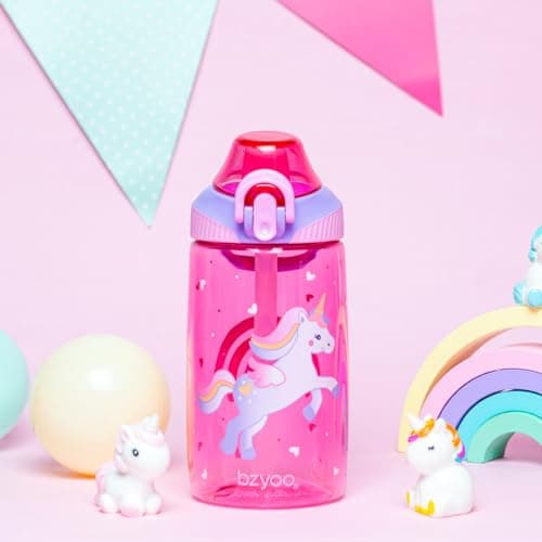 bzyoo Bouteille d'eau pour enfants 473,6 g – Étanche et facile à ouvrir ! Rose avec motifs de licorne mignons. Dispose d'une poignée et d'une fermeture sécurisée. Comprend une paille pratique pour une