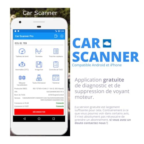 OBD2 Bluetooth + Support Francais 7/7J - LIT ET EFFACE Les Codes ERREURS en 3 Min ! Valise de Diagnostic Tous VÉHICULES - Android et iPhone - Vendeur Francais avec Support 7/7J 2024