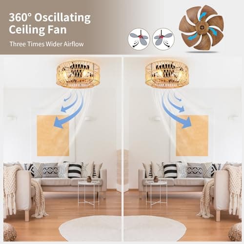 FIMEI Ventilateurs de plafond avec lumières et télécommande, 6 vitesses réversibles, 19'' ventilateur en corde de chanvre tissée à la main, éclairage pour salon, minuterie, 11W lumière, 20W DC Moteur