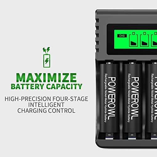 POWEROWL 4 Slots Chargeur Piles Rechargeable Charge Rapide pour AA AAA Rechargeable avec Port USB