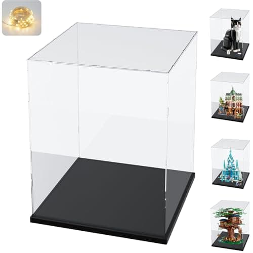 Vitrine Acrylique pour Collection pour Lego 21349 10297 43244 10278 Figurine, Épaissie Boite Transparente Plexiglas Vitrines et Rangements avec Base Bois-plastique & Lumière, Noir Intérieur 30x30x40cm