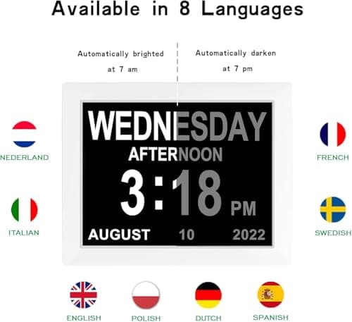 XAYKEN 8" Pouce LCD Horloge Numérique Calendrier avec Date Jour Et Heure Non-Abrégée Auto Dimming 8 Langues HD Display Rappel pour Alzheimer Les Personnes âgées et Les Enfants