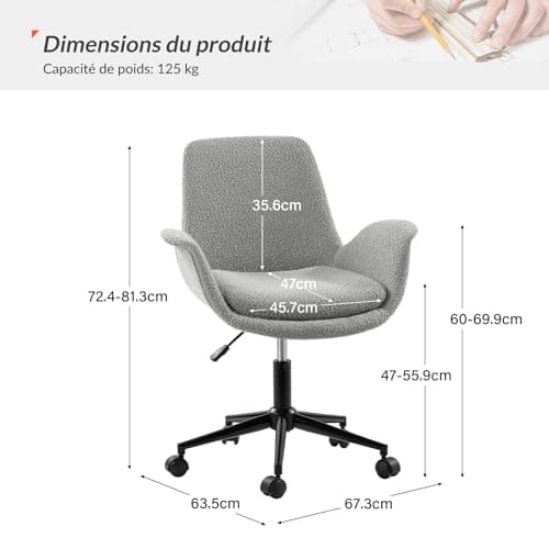 HULALA HOME Chaise de Bureau, Chaise d'ordinateur avec accoudoirs, Hauteur réglable, Fauteuil bouclé en Tissu pour Salon et Chambre à Coucher (Gris)