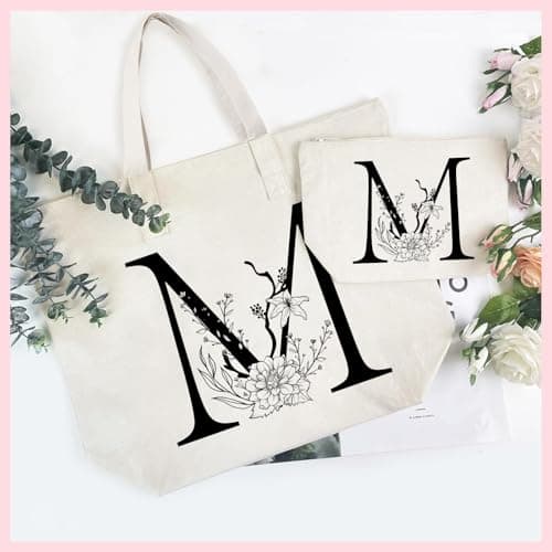 Sac Fourre-Tout en Toile avec Initiale Fleur, Personnalisés Sac Tote bag en Toile Coton Trousse de Maquillage, Idéal pour Mariage Anniversaire Noël, Cadeau pour Femmes Amis Maman Sœurs T