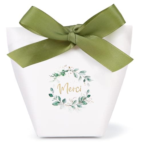 24Pcs Boîte Dragée Sachet Bonbon Ballotin “Merci” Cadeau Invité pour Mariage Baptême Communion Anniversaire Noël avec Ruban (Vert)