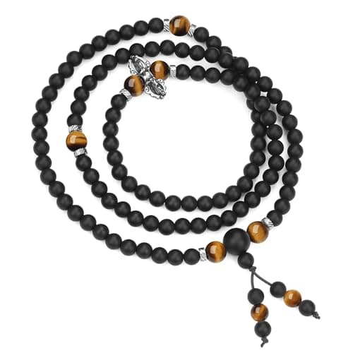 COAI Collier Mala 108 Perles pour Hommes Femmes, Bracelet Onyx Mat Œil de Tigre, Bracelet Vajra en Acier Inoxydable