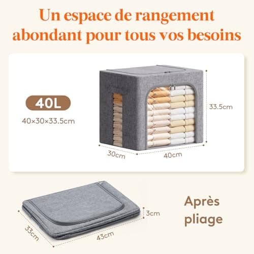 Lifewit Lot de 3 Sacs de Rangement Robuste avec Cadre en Métal, Boîte de Rangement Pliable, Organisateur Placard, Rangement Sous Lit, Boîtes Rangement pour Vêtements, Couvertures, 40L, Gris