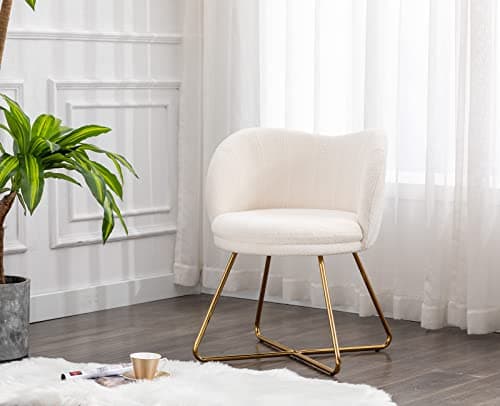 Wahson Fauteuil de Salon Fauteuil Coiffeuse en Fausse Fourrure Fauteuil Chambre avec Pieds doré, Chaise Coiffeuse pour Chambre/Salon, Blanc