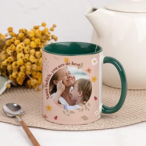 Wanapix | Tasse Personnalisée avec Photo et Texte | Tasse à Café Personnalisable | Céramique Mug | Cadeau Original | Va au micro-ondes | 325ml | Intérieur et Poignée Vert