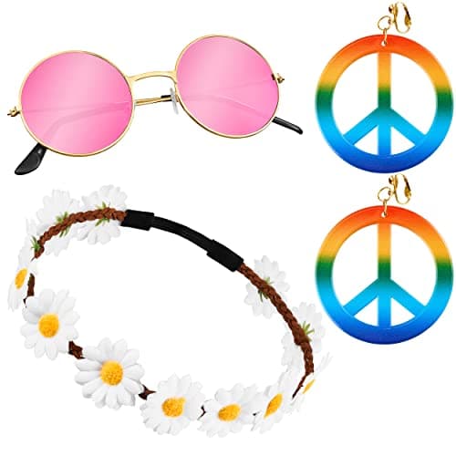 Balinco Ensemble 3 pièces hippie avec bandeau à fleurs | lunettes de soleil rondes en nickel avec verres roses | boucles d'oreilles arc-en-ciel peace