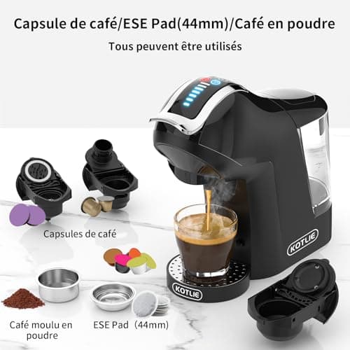 KOTLIE EM-308A Cafetière 5 en 1 avec extraction à chaud et à froid pour Lavazza a modo mio/pour Nespresso Original/pour Dolce Gusto/café moulu/ESE (44 mm), 4 températures sélectionnables(Noir)