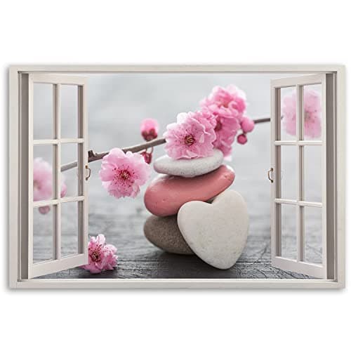 Feeby 1 pièces Impression sur toile 60x40 cm Fenêtre Zen Fleur de Cerisier Tableau Moderne Tableau Photo Chambre à Coucher Fleurs Spa rose