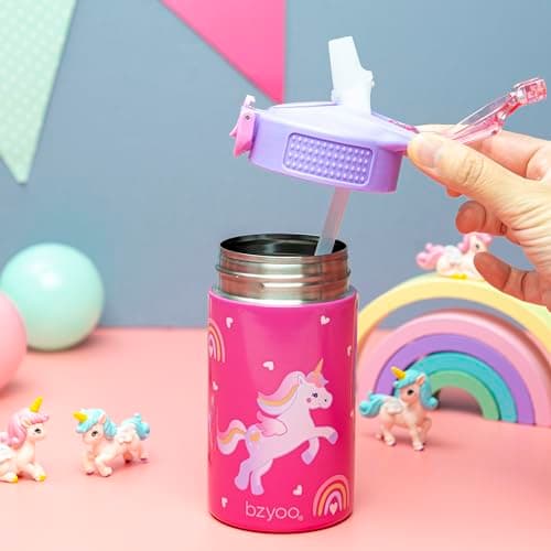 bzyoo Bouteille d'eau en acier inoxydable pour enfants 473,6 g – Étanche et facile à ouvrir ! Rose avec jolis motifs de licorne. Dispose d'une poignée et d'une fermeture sécurisée. Comprend une paille