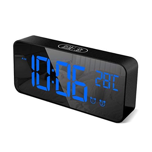 HOMVILLA Réveil Numérique avec Grand Affichage de la Température LED, Alarme de Miroir Portable avec Double Alarme Roupillon Temps Gradateur de Luminosité Réglable sur 4 Niveaux (Noir-1)