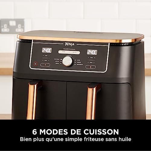 NINJA Foodi MAX Dual Zone Air Fryer, 2 Tiroirs, 9,5L, 6-en-1, Sans Huile, Air Fry, Max Crisp, Rôtir, Cuire, Paniers Antiadhésifs Lavables Au Lave-Vaisselle, Cuivre/Noir Exclusivité Amazon AF400EUCP