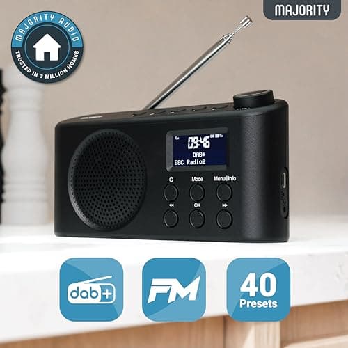 Radio Dab, Dab+ Bluetooth Portable | Batterie Rechargeable ou Alimentation par câble USB-C | 12 Heures de Lecture, Affichage LED, Prise Casque | Double Alarme, FM, 40+ présélections | MAJORITY Orwell