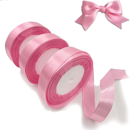 VntMQP 66 Mètres Lot de 3 Rouleaux de Ruban de Satin Rose 2 cm x 22 m pour Décoration de Cadeau de Mariage, de Baptême et D'anniversaire