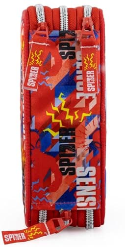 Clondo Trousse Triple Remplie Enfant, pour Spiderman Fan, 45 Accessoires Scolaires, 3 Fermetures Éclair, Compartiments Organisés, Crayons de Couleur, Feutres, Colle, Ciseaux