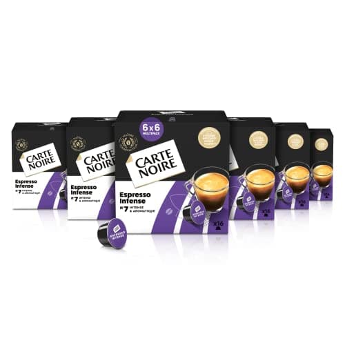CARTE NOIRE - Espresso Intense - 96 Capsules de Café Compatibles avec Machines Nescafé Dolce Gusto - Notes Aromatiques de Noisette et Cacao - Pour un Espresso Intense - 6 Paquets de 16 Capsules