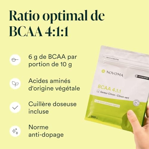 NOVOMA BCAA 4.1.1, Acides Aminés pour la Récupération Musculaire, 6g de BCAA en Poudre par Portion, Saveur Citron - Citron Vert, 30 Portions, Sachet 300g, Fabriqué en France