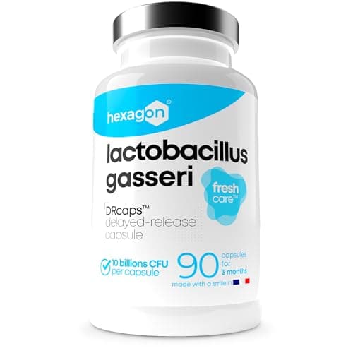Lactobacillus Gasseri 10 Milliards UFC/Gélule - Cure Complète de +3 Mois - Probiotique Ventre Plat L-Gasseri - Soutien Digestif - FreshcareTM Fraîcheur Optimale - 90 Gélules DRcapsTM - Vegan - Hexagon
