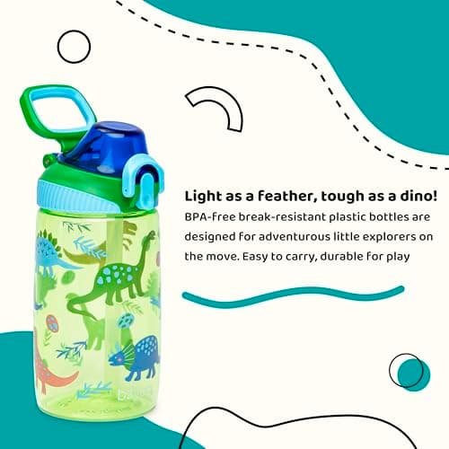 bzyoo Bouteille d'eau pour enfants de 473,6 g – Étanche et facile à ouvrir ! Vert avec de jolis motifs de dinosaures. Dispose d'une poignée et d'une fermeture sécurisée. Comprend une paille pratique