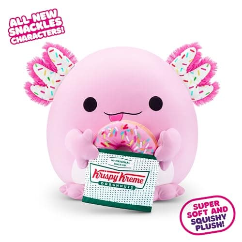 Snackles, Series 2, Axolotl (Krispy Kreme), Plush Toy, Cuddly Squishy Comfort Plush with License Snack Brand Accessory, Small (20 cm), Brown Box, (Axolotl)