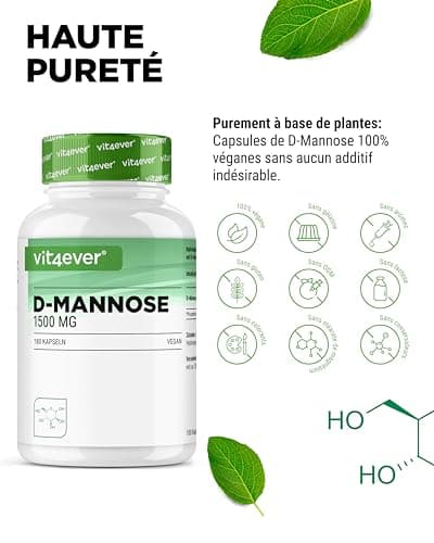 D-Mannose - 180 gélules - 1500 mg par portion journalière - Premium : Issu de la fermentation de légumes - Hautement dosé - Naturel - Végétalien