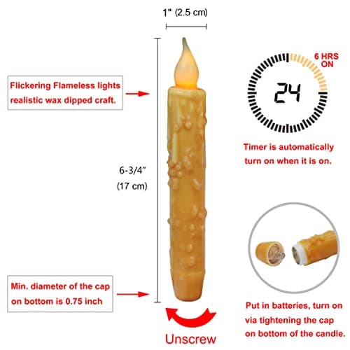 CVHOMEDECO. Bougies en cire véritable trempées à la main, alimentées par piles, avec minuterie LED, décor rustique primitif, 17,1 cm, orange, 6 PCS dans un paquet.