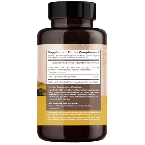 Gélules de champignon trémelle fucus - Complément ultra-concentré pour avoir une peau hydratée, la beauté et une mémoire améliorée - 100% du corps fructifère - 120 gélules - Longevity Botanicals