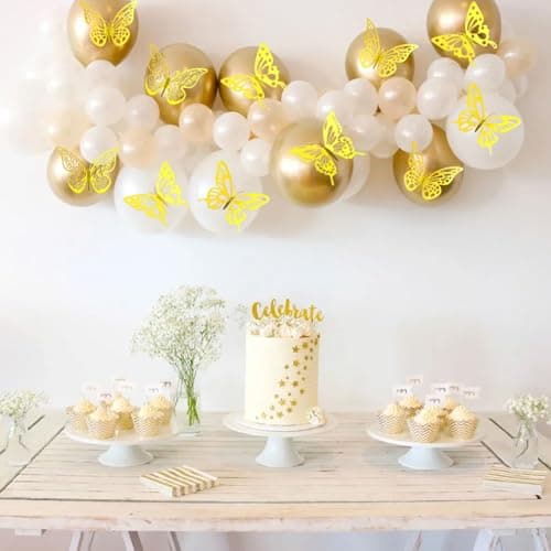 60 Pièces Papillon Décorations,Stickers Muraux de Papillons 3D,Autocollants muraux de Papillons Doré Pour Chambre,Salon,Gâteau,fête,mariage