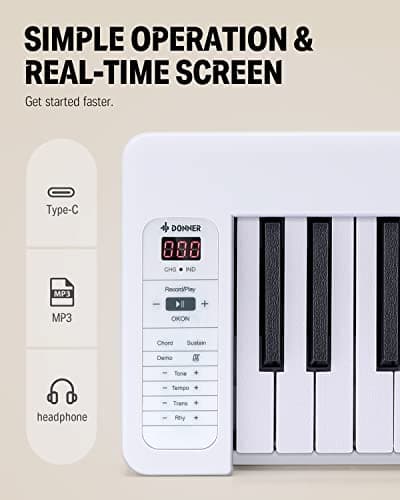 Donner DP-06 Piano à Clavier Pliable Pour Débutants, Clavier de Piano Portable 61 Touches, Clavier de Piano Électrique Numérique avec Bluetooth, Blanc