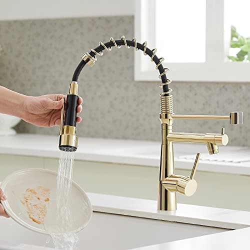 TIMACO - Robinet de cuisine doré - Avec ressort spiralé - Pivotant à 360° - Avec deux becs - Robinet de cuisine et douchette extensible - Haute pression