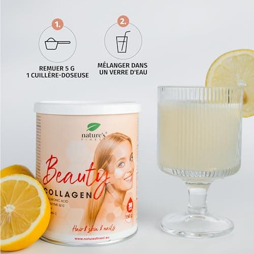 Nature's Finest by Nutrisslim Collagene et Acide Hyaluronique - Anti Ride, Repousse Cheveux - Collagene en Poudre Avec Q10 Coenzyme, Biotine, Zinc, Acide Hyaluronique - Testé, Sans Additifs