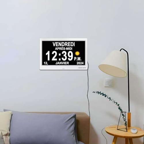 TROCOTN 10 Pouces Horloge numérique Horloge de Jour Grand écran réveil Horloge Murale (Blanc)