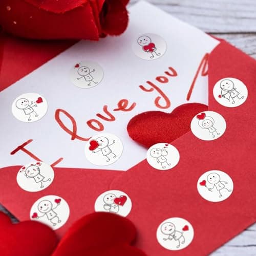 500Pcs Etiquette Autocollante Coeur Rouge Bonhomme Allumette Sticker Adhésif 2,5cm Amour Remerciement Décoration Carte de Voeux Emballage Cadeau Enveloppe pour Saint-Valentin Mariage