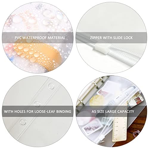 Lot de 12 pochettes classeur A5 6 trous avec étiquettes autocollantes fluo. Dossier à glissière en plastique transparent imperméable à l'eau 6 trous perforés divers dossiers pour l'école de bureau
