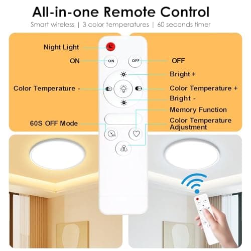 Yexati Plafonnier LED Dimmable, 24W 3000K-6500K 3200LM Plafonnier Télécommande, IP54 Luminaire Plafonnier Lampe Plafond Moderne Rond pour Salle de Bain, Chambre, Cuisine, Salon, Balcon 29.5CM