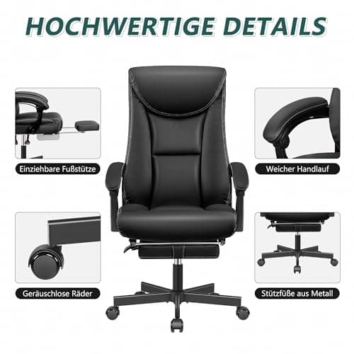 DoChair Fauteuil de Direction Chaise de Bureau Large siège de Bureau Ergonomique Dossier Haut 150KG avec Repose-Pieds Office Chair en Cuir PU, Noir