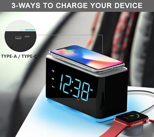 Radio réveil avec Chargeur sans Fil 15W, APP contrôle, FM Radio, Bluetooth, Deux Ports de Charge, Double réveil, minuterie de Sommeil, Snooze, gradateur Manuel Automatique iTOMA 207A