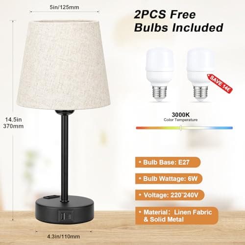 Kakanuo Lampe de Chevet Tactile avec Ports USB-A+C+Prise CA, Lampes de Table Lot de 2, Intensité Variable 3 Voies, Abat-jour en Lin, Lampes pour Chambre Salon D'enfant Bureau (Ampoules Incluse)