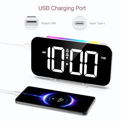 LOFICOPER Réveil Numérique, Horloge de Chevet Numérique avec 10 Modes de Lumière de Nuit RVB, Grand Écran de 16,8cm, 5 Luminosités Réglables, Double Alarme, Répétition, Port de Charge USB