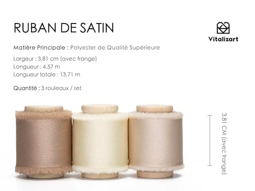 Vitalizart Ruban de Satin Soyeux Champagne & Crème & Beige 3,8 cm x 13,7 m, Rubans en Tissu à Franges Faits à la Main pour l'Emballage de Cadeaux, les Décorations Festives, les Bouquets de Mariées