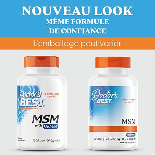 Doctor's Best, MSM avec OptiMSM, 1.000 mg, 180 Capsules, Hautement Dosé, Sans Soja, Sans Gluten, Sans OGM, Soufre Naturel