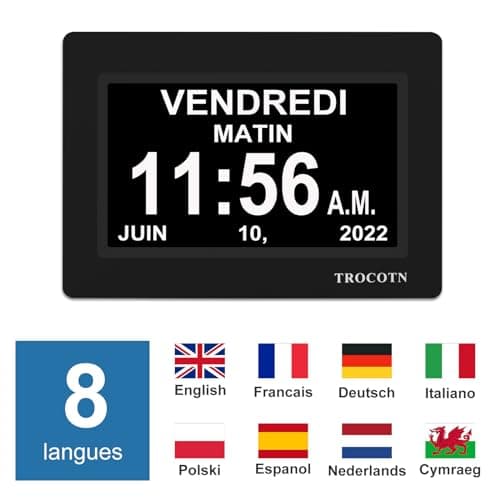 TROCOTN 7 Pouces Horloge numérique Horloge de Jour Grand écran réveil Horloge Murale (Noir)
